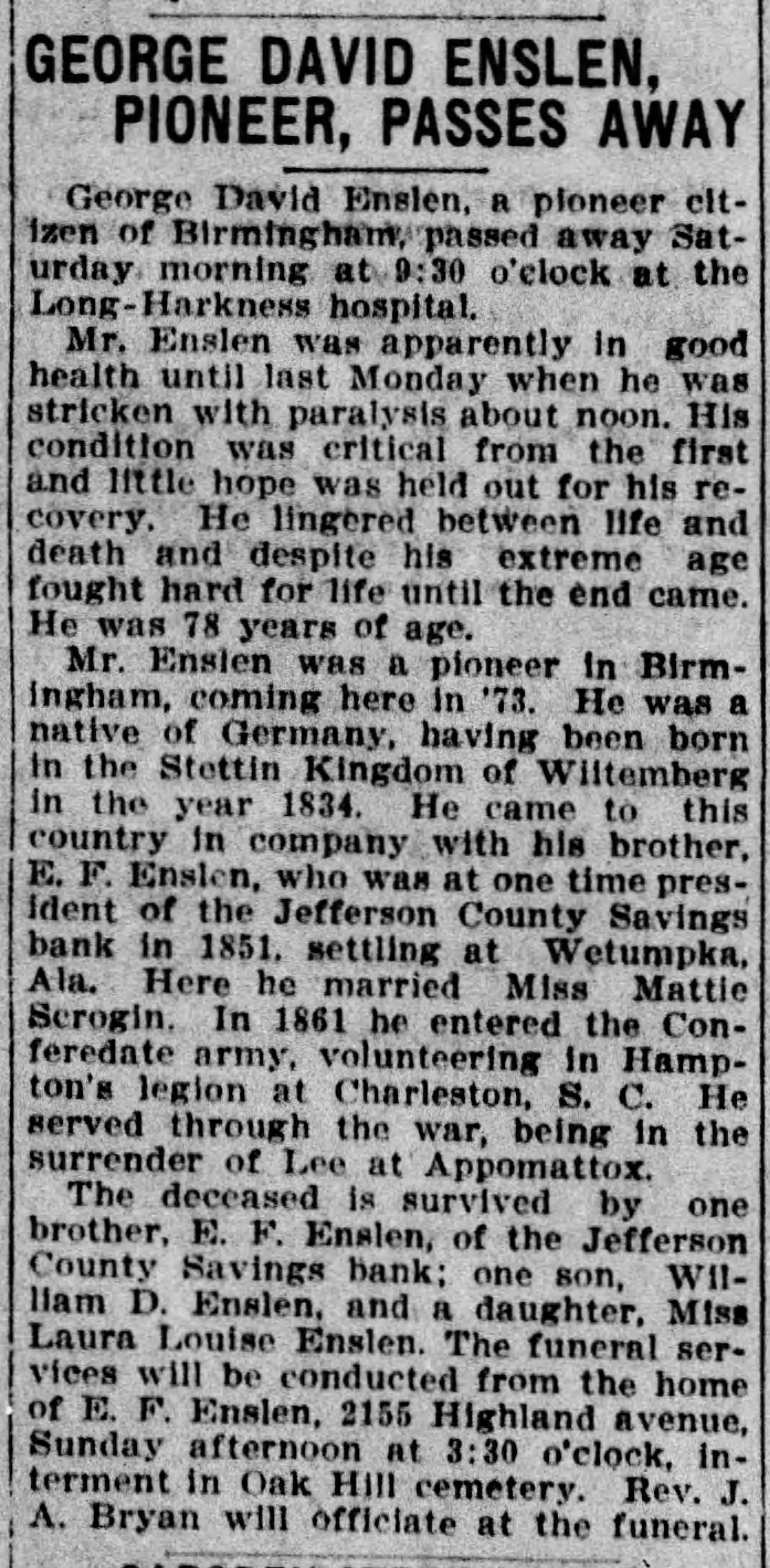 George David Enslen obituary